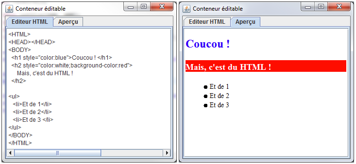Aperçu de l'objet JEditorPane