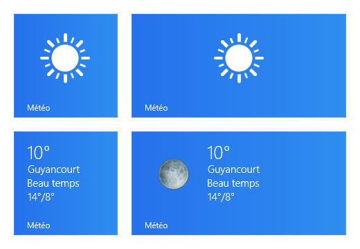 Vignettes de l'application « Météo », avec ou sans contenu