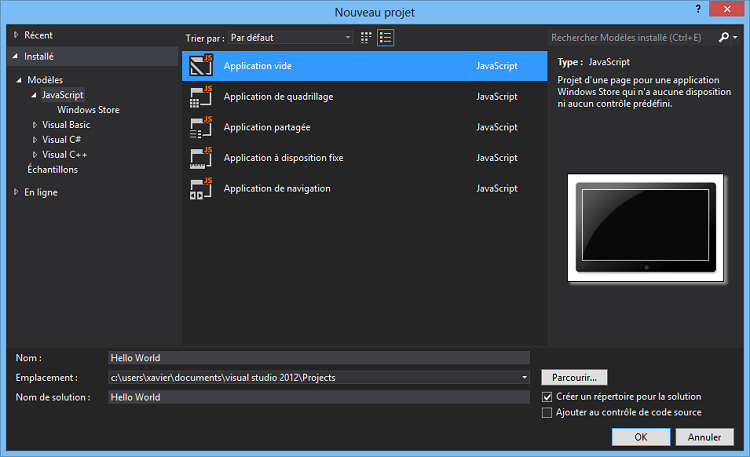 Fenêtre d'aide à la création d'un nouveau projet
