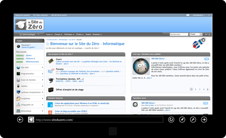 Aperçu d'Internet Explorer 10 sur Windows 8