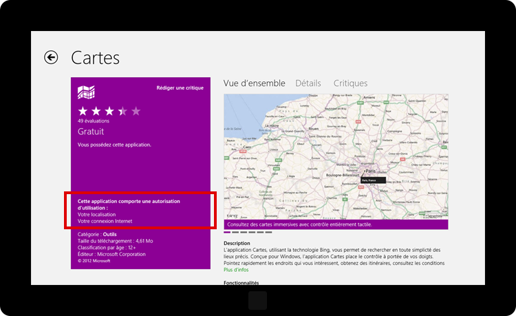Aperçu des autorisations nécessaires à l'application Cartes