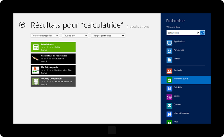 Aperçu d'une recherche sur le Windows Store