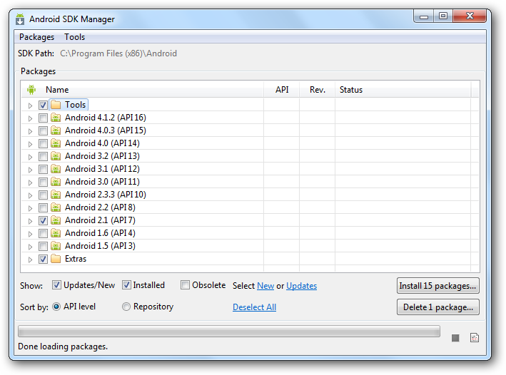 L'Android SDK Manager vous permet de choisir les paquets à télécharger