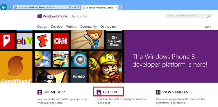 Obtenir le SDK depuis la page d'accueil du dev center