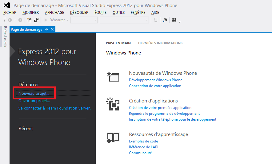 Page de démarrage de Visual Studio permettant de créer un nouveau projet