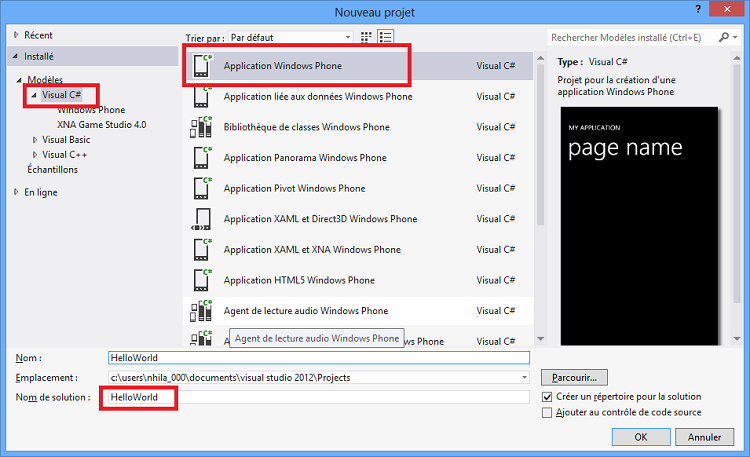Modèle de projet pour créer une application Windows Phone