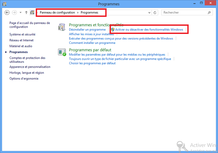 Panneau de configuration pour permettre l'installation d'Hyper-V