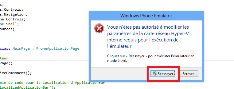 Démarrage de l'émulateur avec élévation de privilège