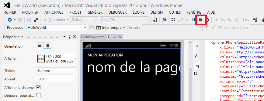 Bouton pour arrêter le débogage dans Visual Studio