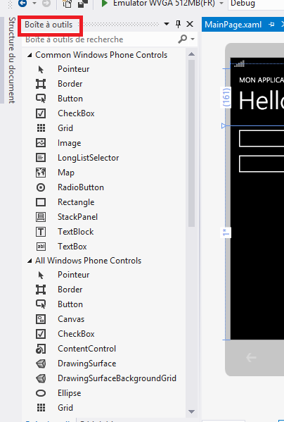 La boîte à outils des contrôles dans Visual Studio