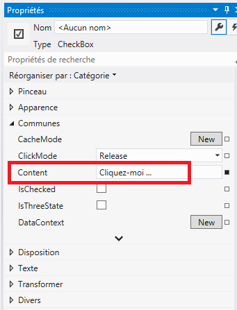 Modification des propriétés d'un contrôle à partir de la fenêtre des propriétés