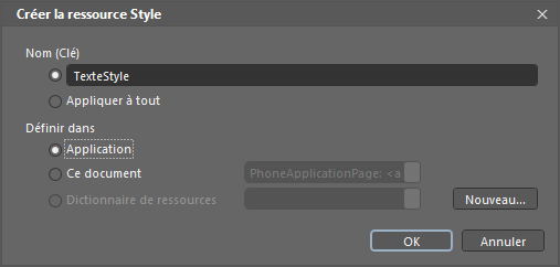 Fenêtre de création d'un nouveau style