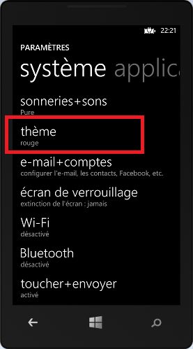 Accès au paramétrage des thèmes