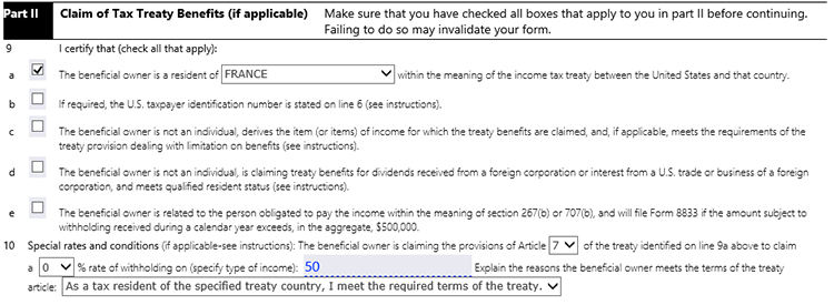 Les champs à remplir du formulaire W-8BEN