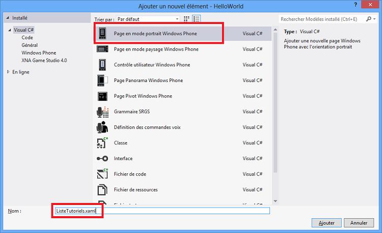 Ajout d'une nouvelle page XAML dans le projet