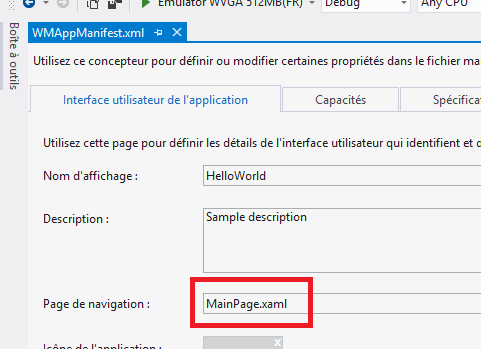 Le concepteur permettant de modifier la page XAML de démarrage de l'application