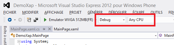 Le mode de compilation est à Debug, Any Cpu