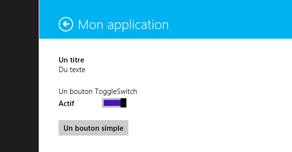 Affichage du panneau d'options de l'application