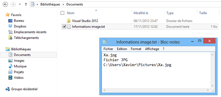Notre fichier écrit dans la bibliothèque « Documents »