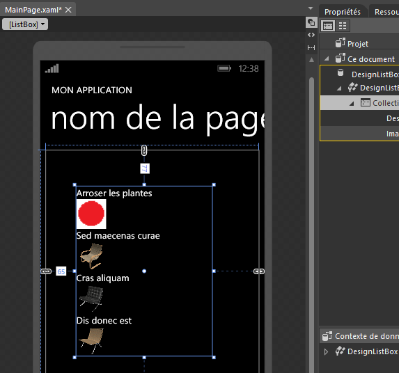 Une ListBox est automatiquement créée à partir de la source de données