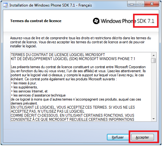 L'acceptation du contrat de licence pour le SDK 7.1