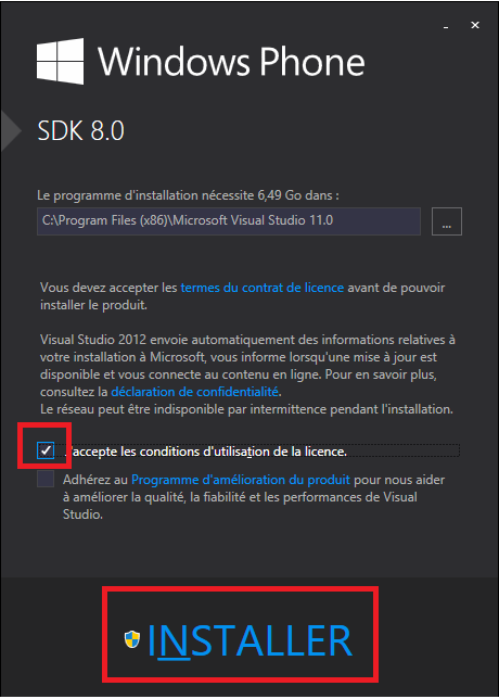 L'acceptation du contrat de licence pour le SDK 8.0