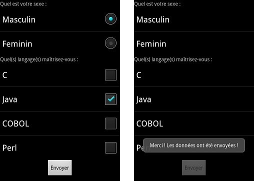 À gauche, au démarrage de l'application ; à droite, après avoir appuyé sur le bouton « Envoyer »