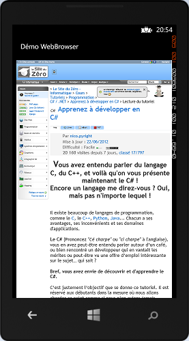 La page web s'affiche dans le contrôle