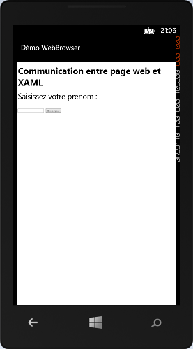 La page web avant envoi du message