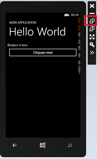 Emulateur en mode portrait avec les boutons de l'émulateur pour le faire pivoter