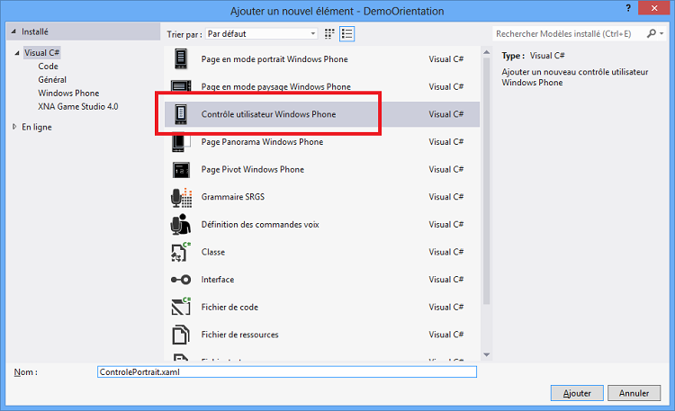 Ajout d'un contrôle utilisateur