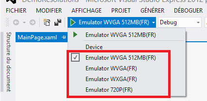 Les différentes résolutions de l'émulateur