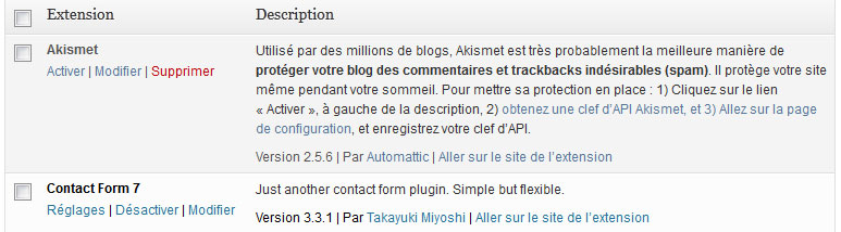 Aperçu d'un plugin désactivé (le 1er) et d'un plugin activé (le 2nd)