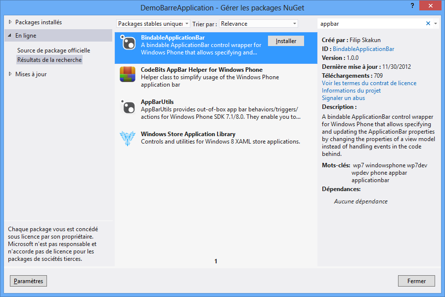 Utilisation de NuGet pour télécharger la barre d'application bindable