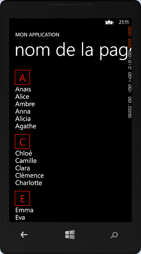 Les prénoms sont regroupés avec le LongListSelector
