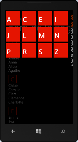 La liste des groupes du LongListSelector