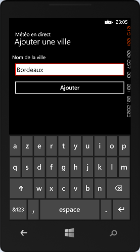 L'écran d'ajout de ville