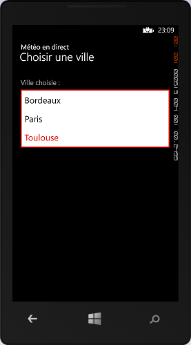 L'écran de choix d'une ville