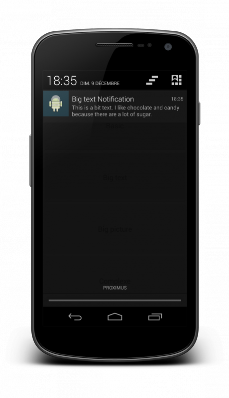 Exécution de la notification affichant un grand texte