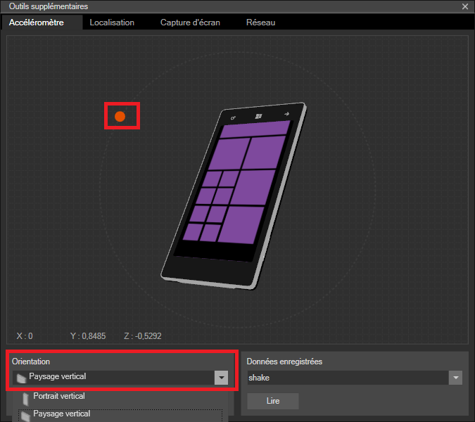 En déplaçant le rond orange, nous simulons une accélération du téléphone