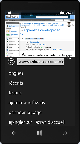 Le launcher WebBrowserTask affiche une page web