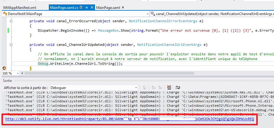 Url du canal dans la fenêtre de sortie