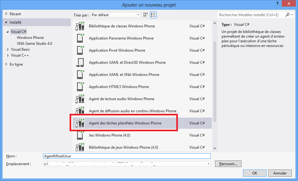 Création du projet de type agent des tâches planifiées