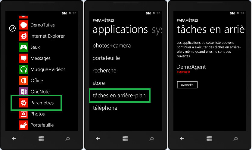 Les tâches d'arrière plan dans les paramètres de l'émulateur