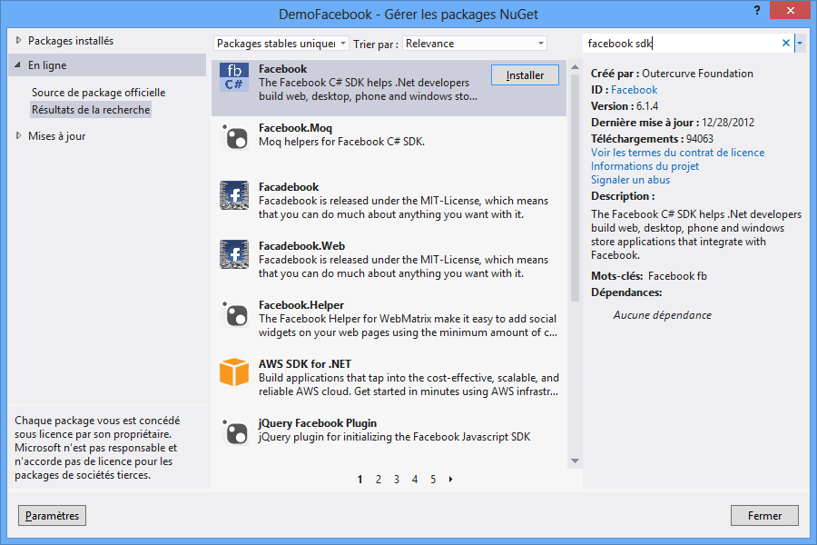 Le SDK Facebook via NuGet