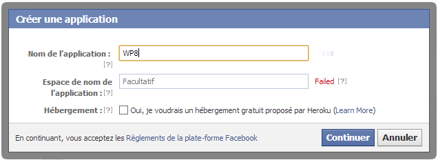 Donner un nom à l'application Facebook