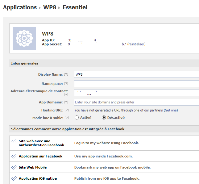 Finalisation de la création de l'application Facebook