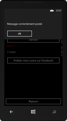 Le message est posté sur Facebook depuis l'application Windows Phone
