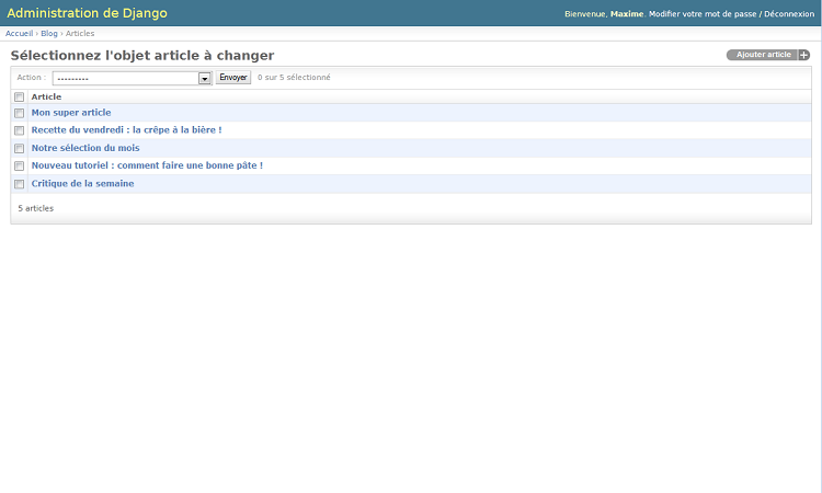 Notre liste d'articles, avec uniquement le titre comme colonne