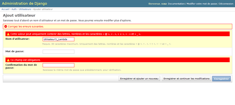Formulaire de création de comptes, après le validateur avec erreur
